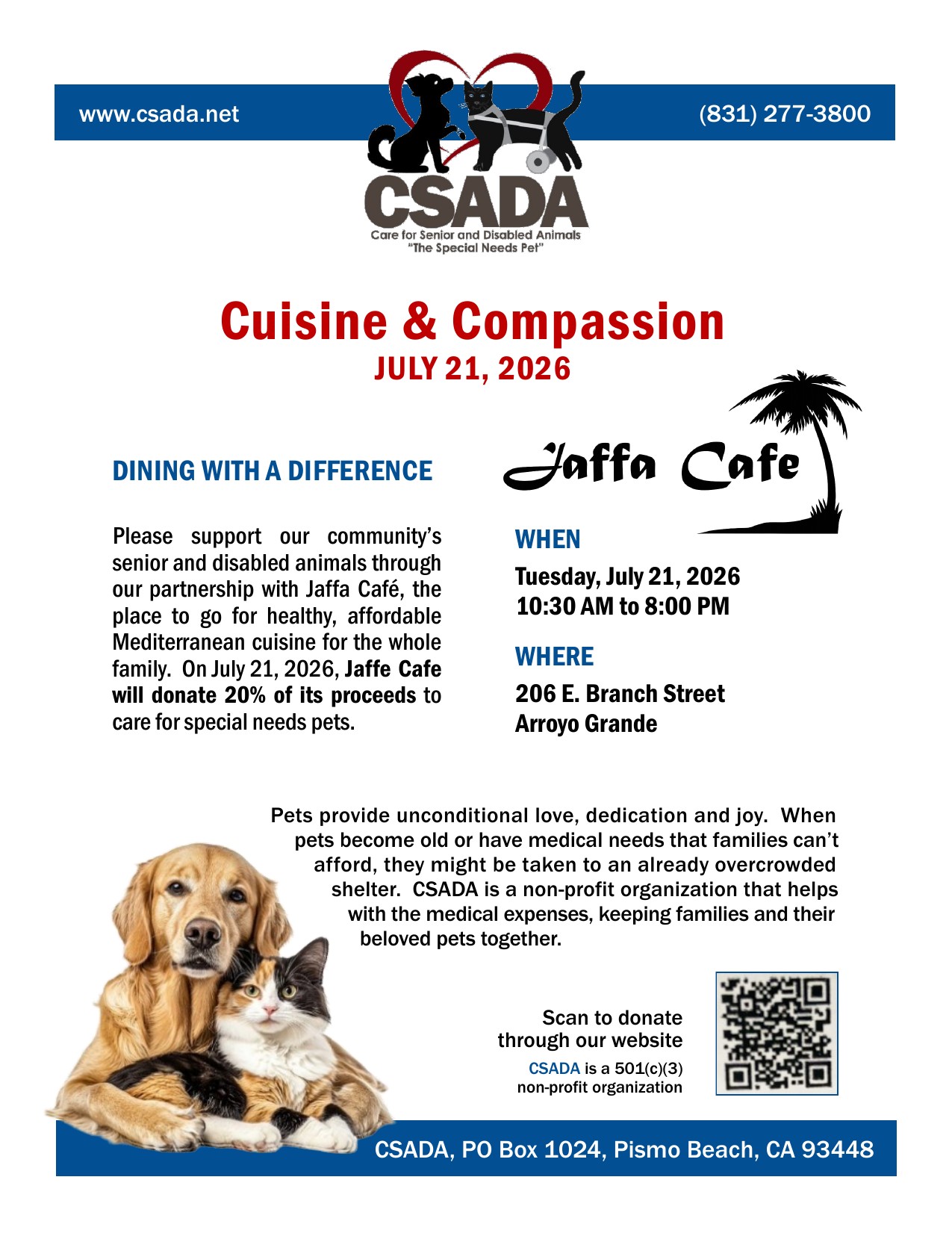 Cuisine & Compassion - CSADA and Jaffa Cafe fundraiser flyer, Tuesday July 21, 2026, 10:30 AM to 8 PM, 206 E. Branch Street, Arroyo Grande